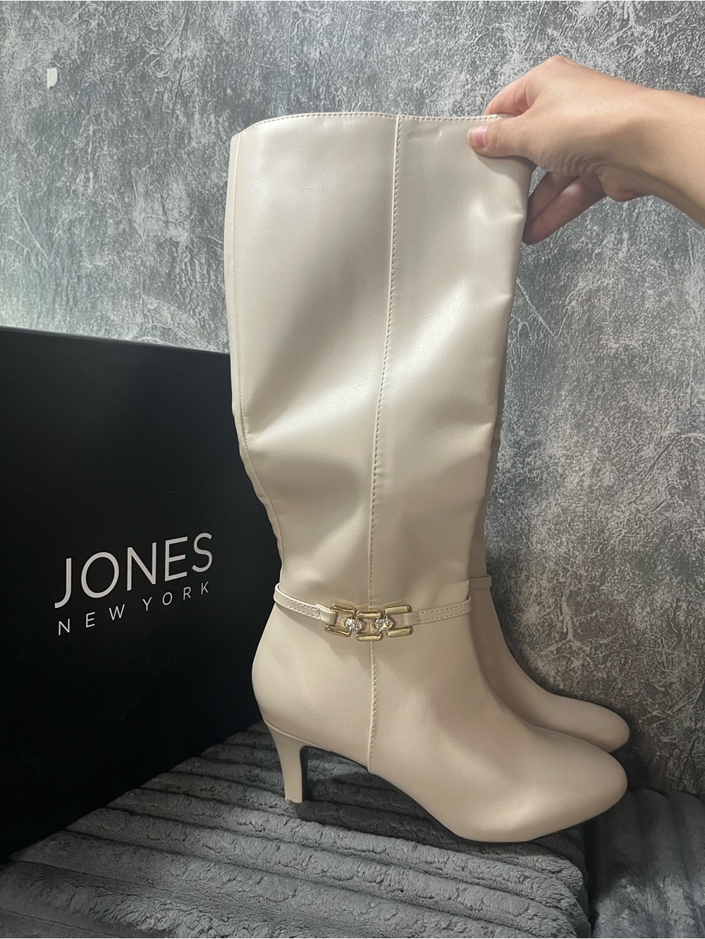 Jones New York Cream Mid-Calf Heeled Boots with Gold Accent